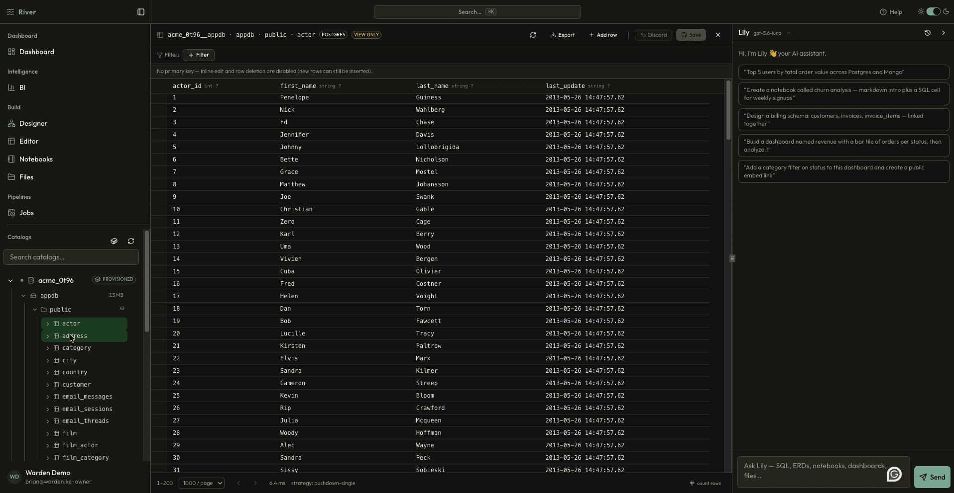 River table editor showing the actor table with sortable columns